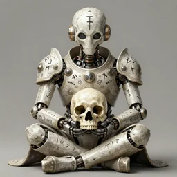 Illustration of a whimsical robot sitting holding a human skull in it's hands, rune-engraved armor, sci-fi, fantasy, intricate, elegant, highly detailed, digital painting, artstation, concept art, smooth, 8k octane render, extremely hyperdetailed, intricate complexity, sharp focus, illustration, art by brian despain and Justin Gerard
