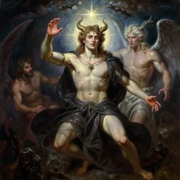 attractive male deity, casting demonic magic, summoning handsome lucifer morning star. holy starburst. glossy highly detailed oil painting by gaston bussiere, craig mullins, j. c. leyendecker 8 k