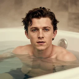 photographic portrait by Annie Leibovitz of Tom Holland in a hot tub, closeup, foggy, sepia, moody, dream-like, sigma 85mm f/1.4, 15mm, 35mm, 4k, high resolution, 4k, 8k, hd, full color