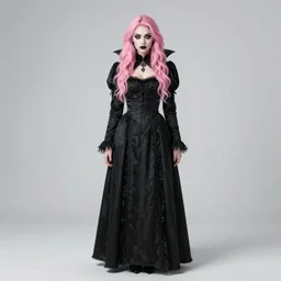 [ a [ vampiric ]! woman with pink hair and goth makeup! ]! posing in a [ medieval black dress ]!, standing in front of a [ blurred background ], trending on [ artstation ], fred arsenault, 4 k, contest winner, award winning, zbrush!, 3 d render, golden ratio, centered!
