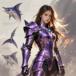 metal purple armor resembling a swordfish, artstation character reference sheet