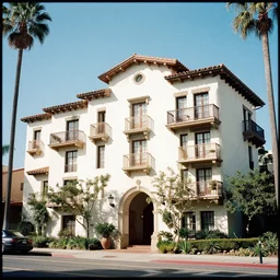 A hacienda-style Hollywood apartment building, cinestill 800t.
