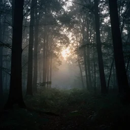 cinematic still of a mysterious forest clearing at dusk, light fog