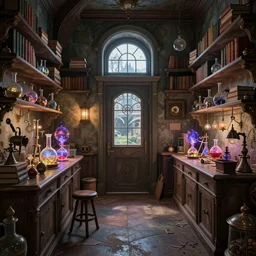 interior shot of a cluttered wizard laboratory, alchemy lab, victorian laboratory. shelves with books, magical experiments and spell ingredients and potions. a beautiful view out a window. a fancy closed door, created in octane render, digital art, inspired by artstation, fantasy setting, balls of energy