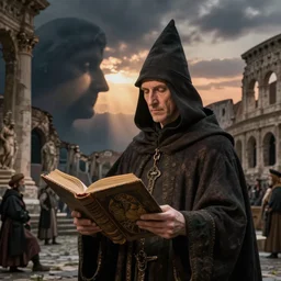 half portait of magican wearing a closed cowl and carrying big old book! jeremy mann, jean leon gerome, tiepolo, alphonse mucha, greg rutkowski, face in the shadows, ( ( ruins of ancient rome ) ), at dusk, mysterious atmosphere, sunrays, dof, masterpiece, high detailed, 8 k