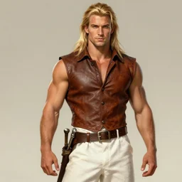 a male ranger, dnd, with a leather vest and white linen pants, long swept back blond hair, chiseled good looks, romance novel cover, digital art