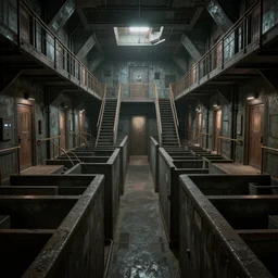 inside of an underground factory with ladders, walkways, doors, like maze, rendered in octane, in the style of 1984, dystopian, sci fi, v-ray, cinematic composition, hyperdetailed, artstation, cgsociety, 8k