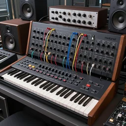 an analog synthesizer, added modules around the keyboard, tactile buttons, a large patch bay with hanging colored patch leads, surrounded by speakers and cabinets, roland, rackmounts, moog hd, 8 k, artstation, sci - fi, ultra detailed, high definition, yoshitaka amano, barlowe, wayne
