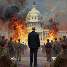 United States President viewing the Capital Burn, 1958, Oil on Canvas, Antiwar, full body, dramatic, surreal, digital art