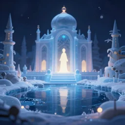 lily pond of the winter ice palace. award - winning 3 d anime by an indie studio, heavily stylized, rimlighting, depth of field, limited palette, impressionism, chiaroscuro, bokeh.