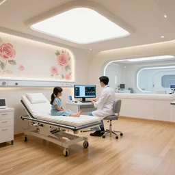 The zen environment of the hospital room of the future, in a futuristic spaceship, with calming bright lights and a welcoming Japanese rose pattern wall and a breathtaking wooden floor, a doctor and her patient look at a computer screen showing medical graphs