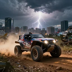 off - road race in a dense city, vray rendering. lightning, cinematic lighting, clouds. art style by kim hyung tae.