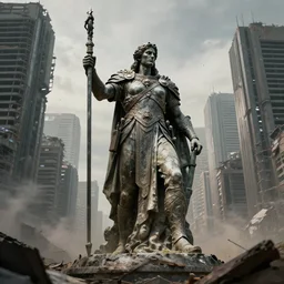 statue of a warrior amongst the post apocalyptic city, hd photo