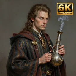an anthropomorphic beautiful male wizard portrait smoking bong made of speceship wearing stripes robe, fine art, award winning, intricate, elegant, sharp focus, octane render, hyperrealistic, cinematic lighting, highly detailed, digital painting, 8 k concept art, art by jamie hewlett and z. w. gu, masterpiece, trending on artstation, 8 k