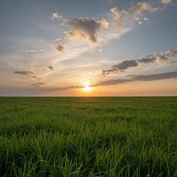 an award-winning wallpaper of a beautiful grassy sunset, clouds in the sky, green field, DSLR photography, clear image, highly detailed, 8k