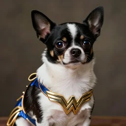 photorealistic image of a fat black and white chihuahua dressed as  wonder woman