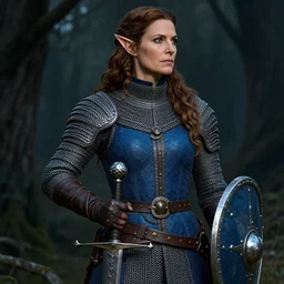 detail body portrait of pretty woman chain mail, blue surcoat, female, middle age, fantasy, dark forest, digital art, award winning, hand on the scabbard, shield down, leather gloves, wide belt, elf, long weaving brown hair, celshading, sharp focus, intricate, looks right by loles romero, greg rutkowski, ilya kuvshinov