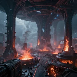 a minimalist scifi curilinear brutalist futuristic alien spaceship factory planet iron forge smelting pits with neon lights, biomechanical columns of glowing plasma smoke, high dynamic range, ilm, beeple, star citizen halo, mass effect, bladerunner, elysium