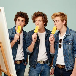three male teens wearing rockabilly outfits and eating yellow popsicles while looking around painting 8 k