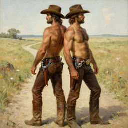 a homoerotic painting, greg rutkowski, alphonse mucha j. c. leyendecker of two attractive hairy cowboy gunslingers in love standing back to back | bandoliers, shirtless, leather clothing | natural lighting, path traced, highly detailed, high quality, digital painting, by tom of finland ( and bill ward ), trending on artstation