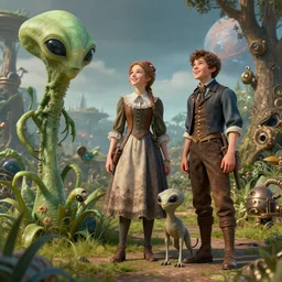 detailed, sharp, a girl and a boy standing next to some alien plants, looking happy, wearing 1850s era clothes, their small pet alien creature is standing nearby, in a park on an alien planet, steampunk, extremely highly detailed, hyperrealistic, octane render, 8k, HD, good lighting