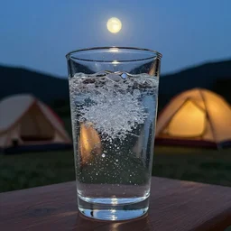 a cup of sparkling water with shiny crystals in it, camp site, dusk, moon light, backlit 8 k f 2. 5 1 0 mm