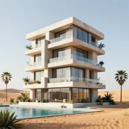 a modern apartment made of rectangle tetris, in the desert & oasis, glass and plants, octane render, trending on artstation