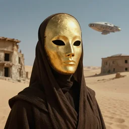 the long - shot of bene gesserit in full - face golden glowing mask seeing the abandoned buildings under the sand, alien spaceship in the sky, film still from the movie directed by alejandro jodorowsky with cinematogrophy of christopher doyle and art direction by hans giger, anamorphic lens, kodakchrome, very detailed photo, 8 k,