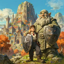 an epic fantasy comic book style portrait painting of dwarf city that is built into a mountain, besides there is a very big stone statue of a dwarf holding a shield in front of him with both hands, studio ghibli, unreal 5, daz, hyperrealistic, octane render, cosplay, rpg portrait, dynamic lighting, intricate detail, harvest fall vibrancy, cinematic