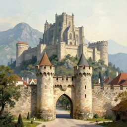 view gates of a medieval city!! massive! majestic! tall mountains in the distance!!! by barend cornelis koekkoek