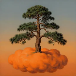 a surrealist painting of a fuchsia pine tree on a bright orange cloud, in the style of magritte