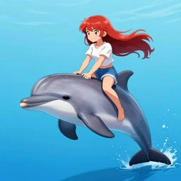 Guilty Gear May riding a dolphin at Seaworld, digital art