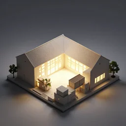 architectural model, isometric view, 3 d render, studio lighting, low contrast, brightly lit studio, highly detailed, stacked boxes, large windows, courtyard, gabled roof, zig zag, house, tree