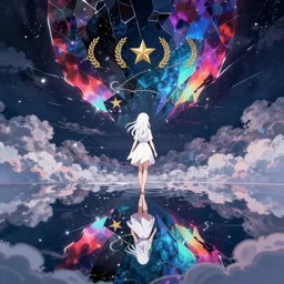 white haired girl walking in cloud pond night, fractal dreamscape, shattered sky cinematic, mirror reflection, vibrant colors, digital anime illustration, award winning, by makoto shinkai and fuzichoko