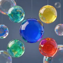 vibrant colors several glass spheres suspended midair, alternative reality mirrors reflecting worlds highly detailed 3d rendering from 1996