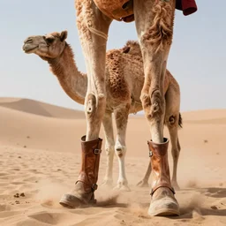camel wearing boots in the desert, hyper realism, photograph, dust,