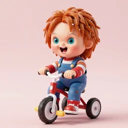 cute screaming chucky doll riding a tricycle
