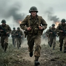 soldier running at the camera during normandy landing in the style of the movie lone survivor, ray tracing, cinematic lighting,
