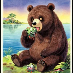 glossy old advertising poster of a bear eating a zombie, lake, horror, drawn comic by junji ito, pastels, gradient,