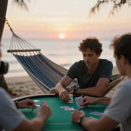 a man chilling on a hammock on the beach and playing poker, detailed, sunset, sea in background, soft light, bokeh, 9 0 mm, f / 1. 4