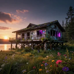 a beautiful very detailed rendering of pier nature building abandoned by jeanne gang, assassin's creed thermal imaging magic realism at night sunset hyperrealism reclaimed by nature neon noir at dusk lake forest sunlight meadow darkacademia morning sun dramatic lighting flowers, archdaily, wallpaper, highly detailed, trending on artstation.