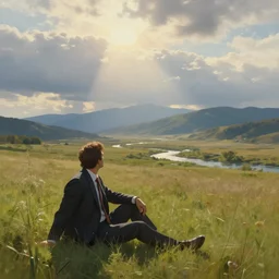 a cinematic landscape view looking at an open field, andy richter wearing a suit and necktie sits in the field looking at the sky, mountains in the distance with a river running down, the sun shines through the parted clouds, digital painting, realism, art by alexandre mahboubi and christophe oliver