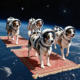 a space odyssey scene with dogs floating in space while standing on magic carpets. dogs wearing helmets from nasa and have air tanks with hoses