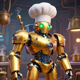 portrait photo of a giant golden and blue metal steampunk robot wearing a big chef hat, with steaming pots and pans and tubes, eyes are green lights, shiny crisp finish, 3 d render, 8 k, insaneley detailed, fluorescent colors, background is a steampunk kitchen