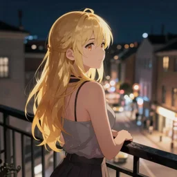 a blonde woman stands on her balcony looking out at a city street at night, anime style