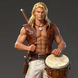 a male ranger, dnd, wearing a leather vest and white linen pants, puka shell necklace, long swept back blond hair, with a bongo drum and nunchucks, chiseled good looks, digital art