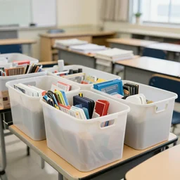 classroom full of organization bins
