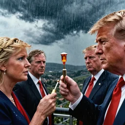donald trump movie shot from promethius where ivanka trump and donald trump jr. use the tampon weapon on their father. heavy acid rain. film grain color footage. music video style promo for movie. closeup faces : : worksafe : : color kodachrome