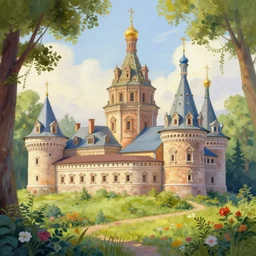 beautiful russian castle in the woods, illustration by thomas kinkade, colorful, matte painting 3 - d 4 kcreative design 8 k digital art