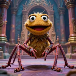 a high quality photo of a strange insectoid muppet god with furry fuzzy body and many segmented legs and hypnotic eyes, a muppet temple in the background, absurdist fantasy, sharp focus, vibrant, vivid, symmetry, highly detailed, cinematic, intricate lines, concept art by giger, lisa frank, mark ryden